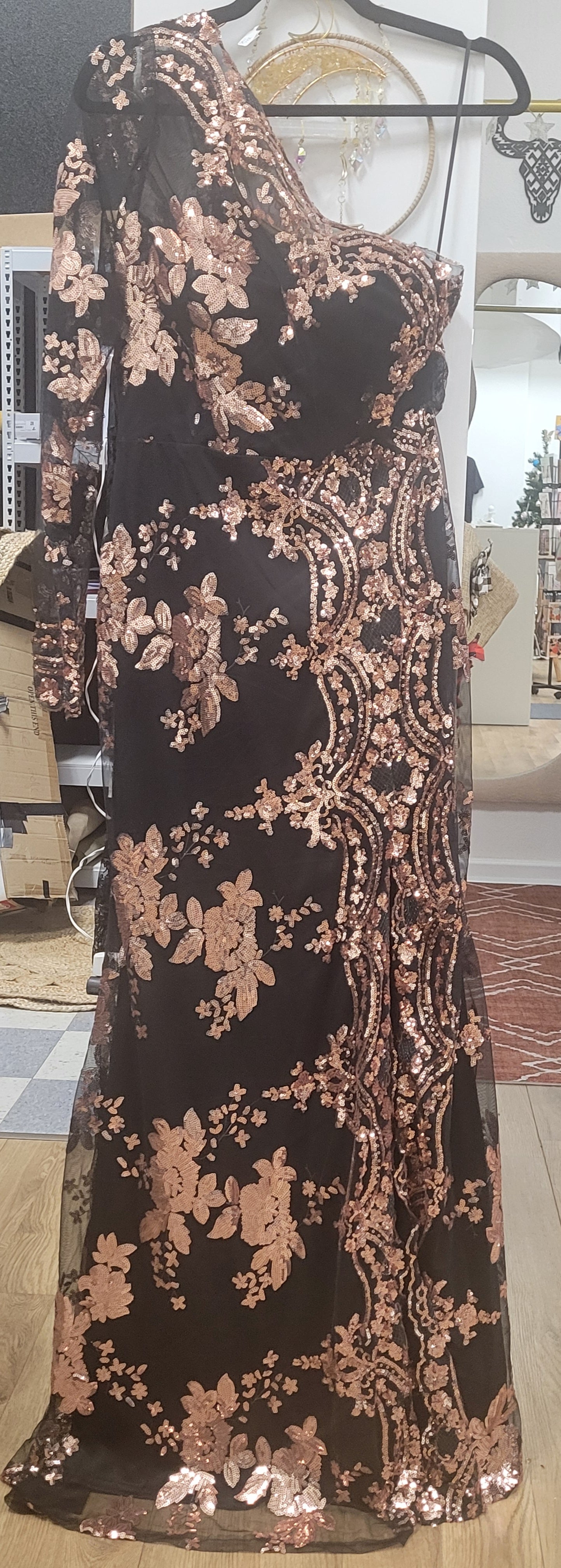 All Nighter Long Sleeve Sequin Gown -Black/Rose