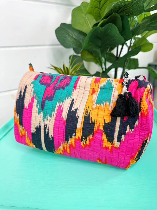 Quilted Makeup Bag| Cosmetics Toiletry Bag | Pink Ikat