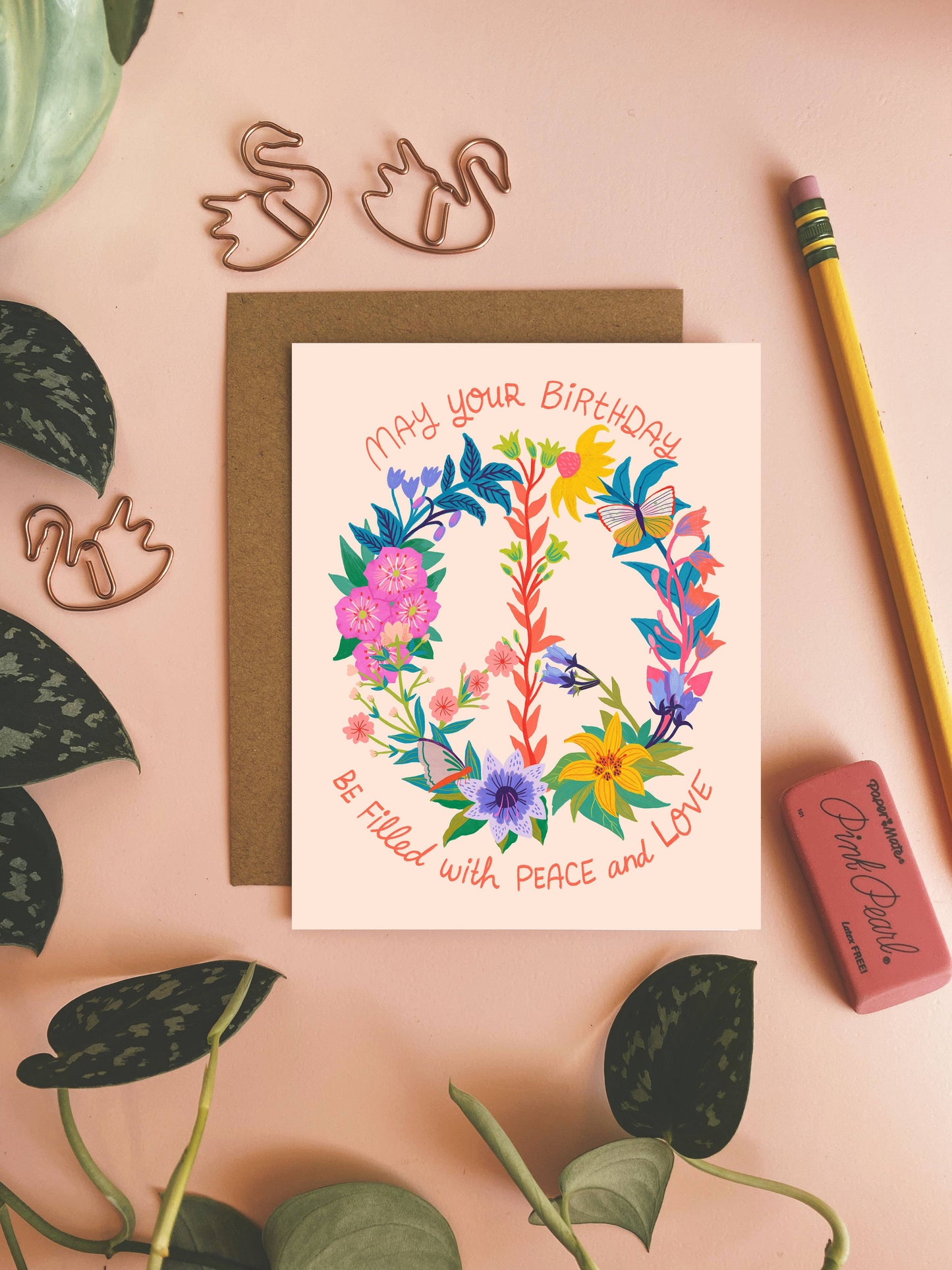 Peace + Love Flowers Birthday Card : 4.25 x 5.5 inches