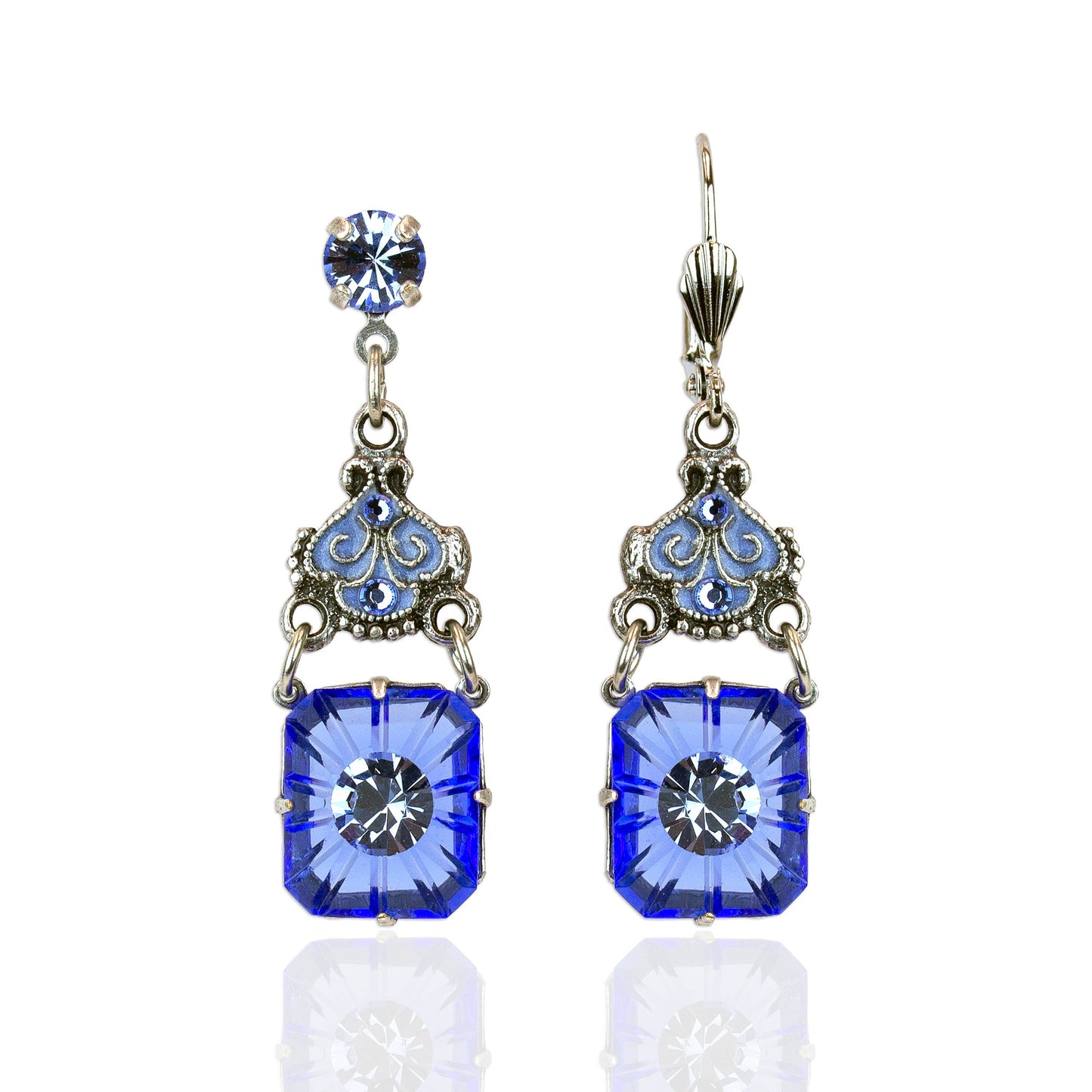 Blue Starburst Glass Stone and Crystal Filigree Earrings: Leverback