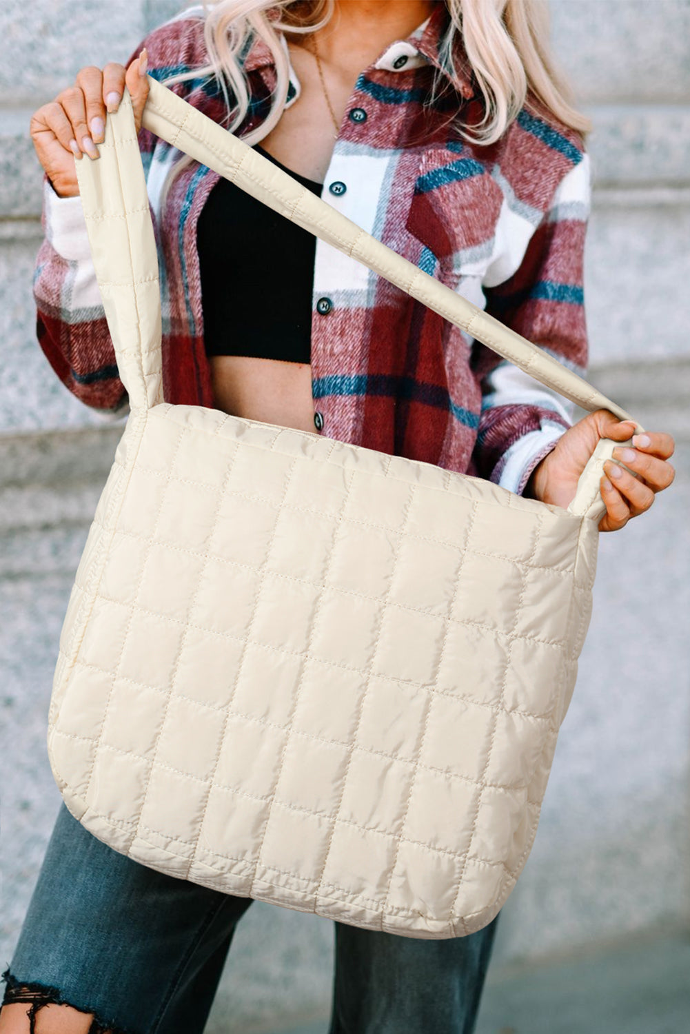 White Quilted Zipper Large Shoulder Bag