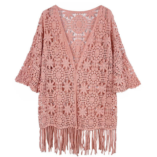 Floral Patterned Fringe Crochet Cardigan: One Size