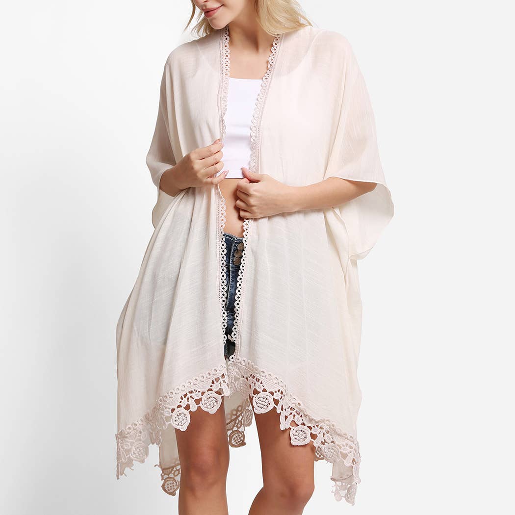 Laced Edge Kimono Cover-Up Beige One Size