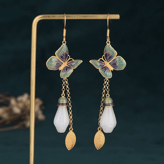 Enamel Butterfly on Golden Leaf Earrings