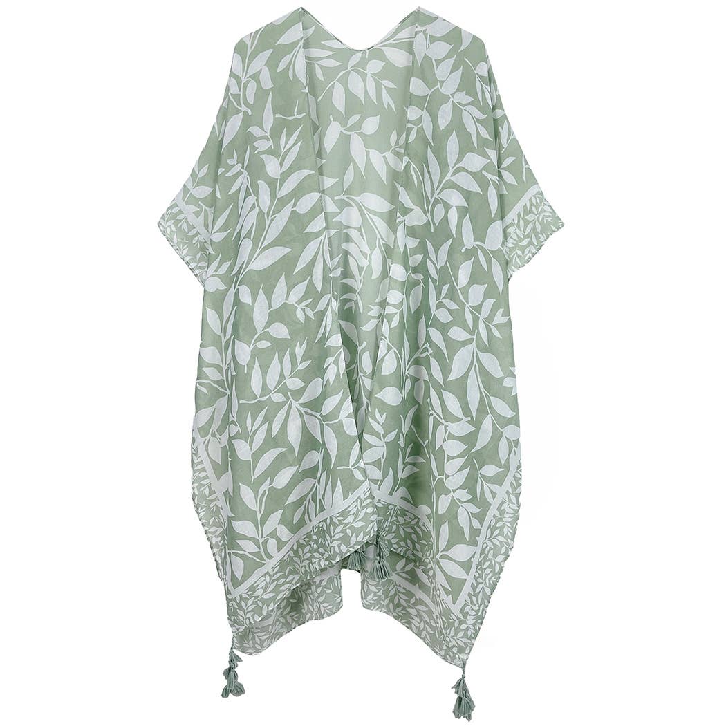 Leaf Print Kimono with Tassels One Size Taupe