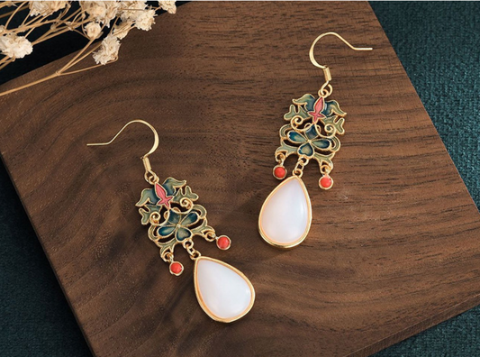 Cloisonne Crafted with White Jade Earrings