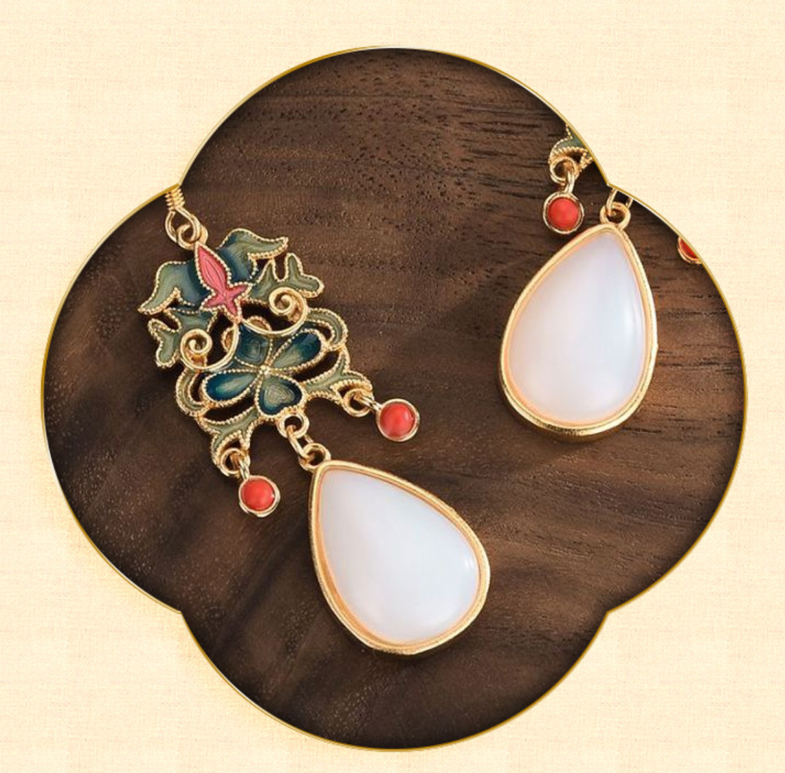 Cloisonne Crafted with White Jade Earrings