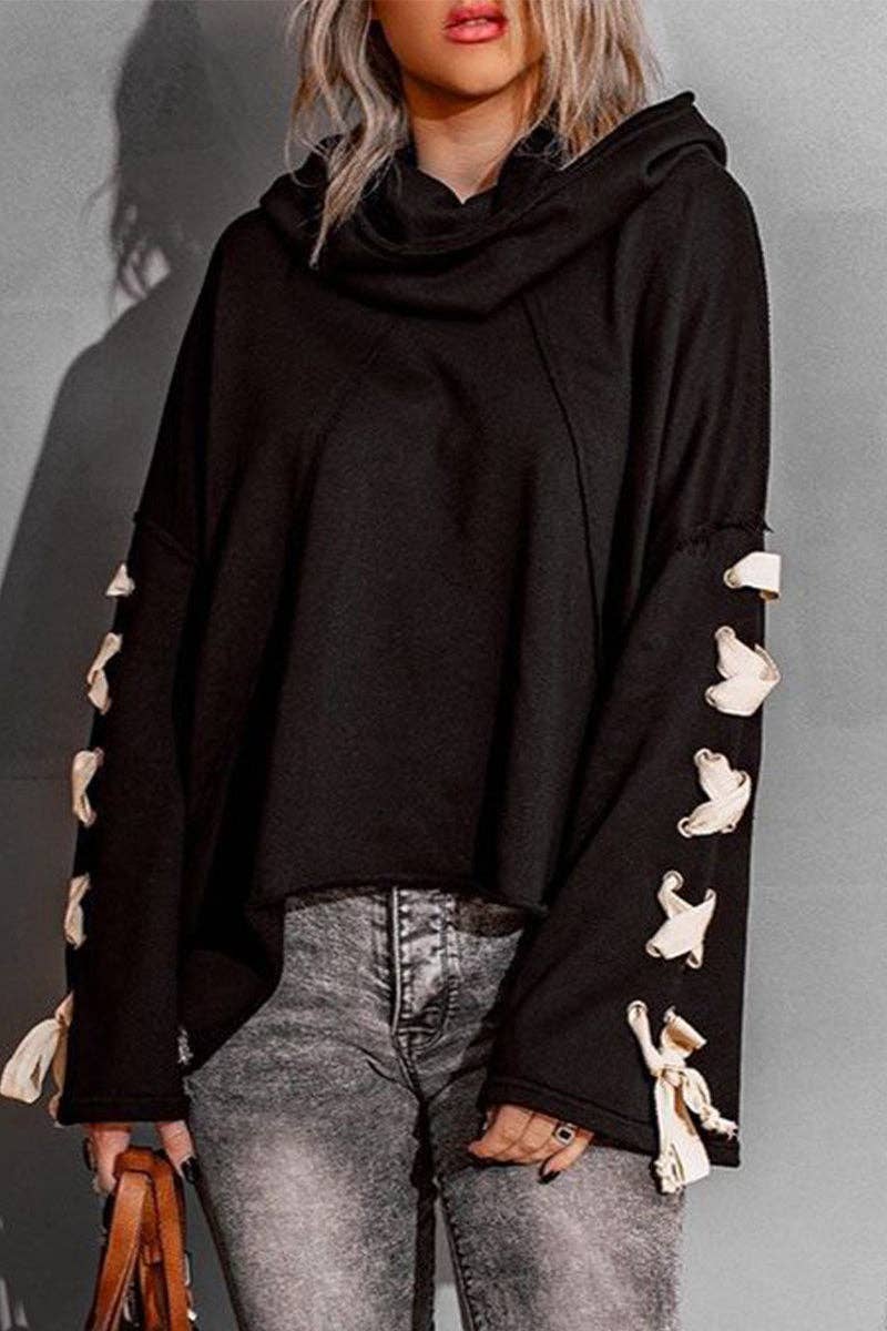 Casual Solid Bandage Hooded Collar Tops: Black / XL