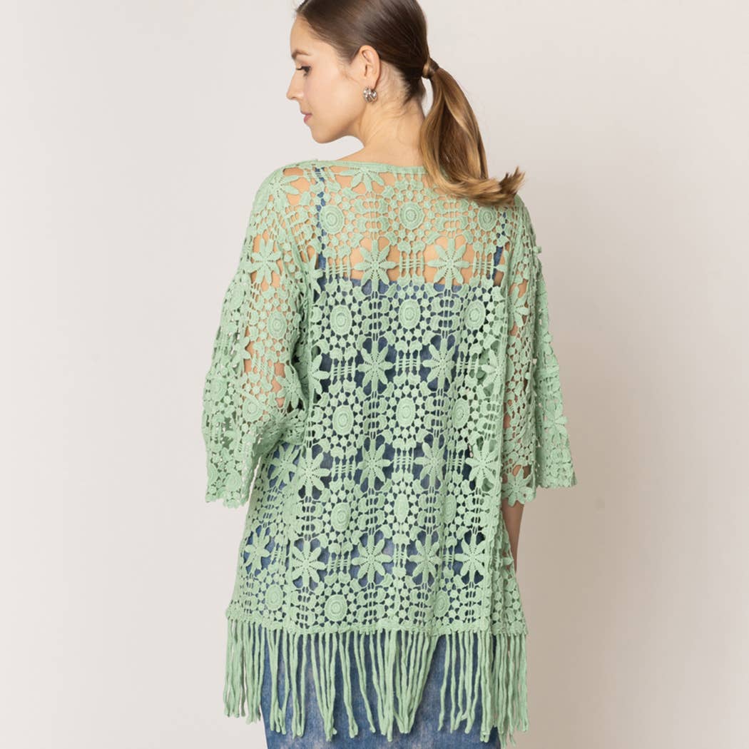 Floral Patterned Fringe Crochet Cardigan: One Size