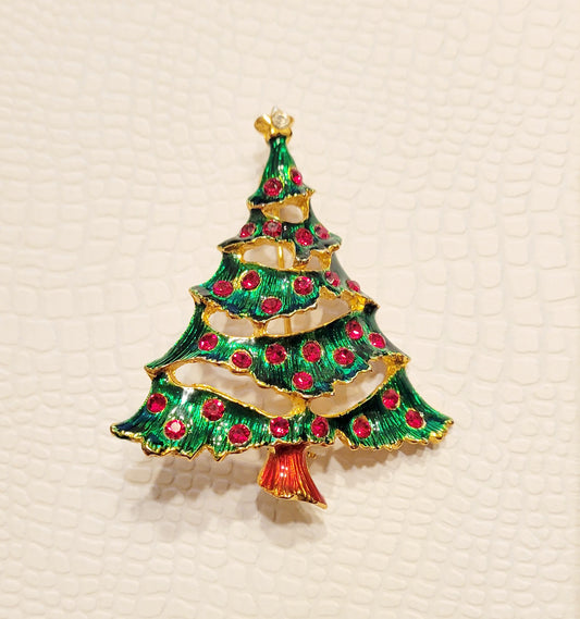 Vintage Brooch Green Christmas Tree with Gold Star Enamel & Rhinestones