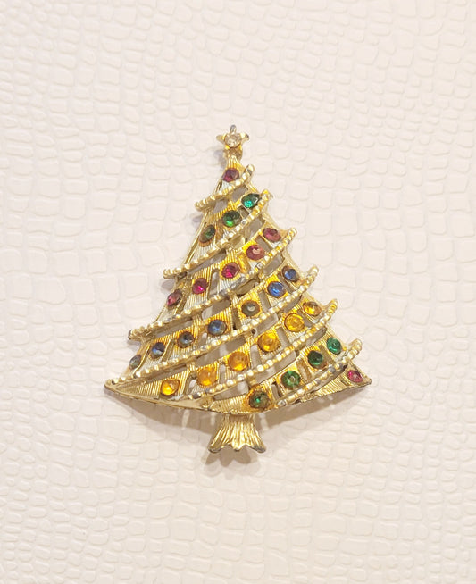 Vintage Gold Christmas Tree Brooch with Multi Colored Stones