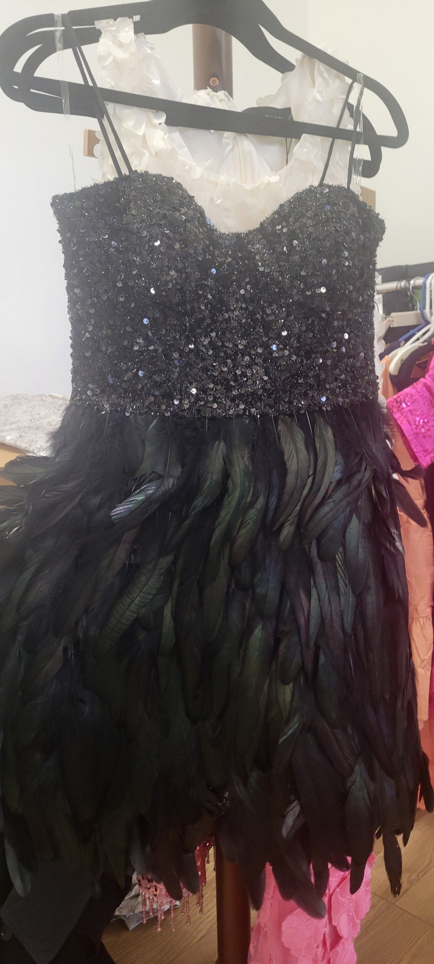Bella Sequin Feather Mini Dress -Black
