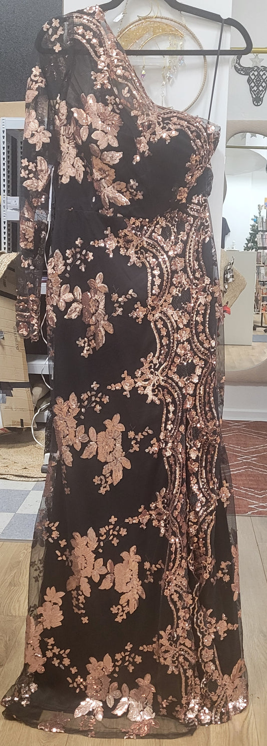 All Nighter Long Sleeve Sequin Gown -Black/Rose