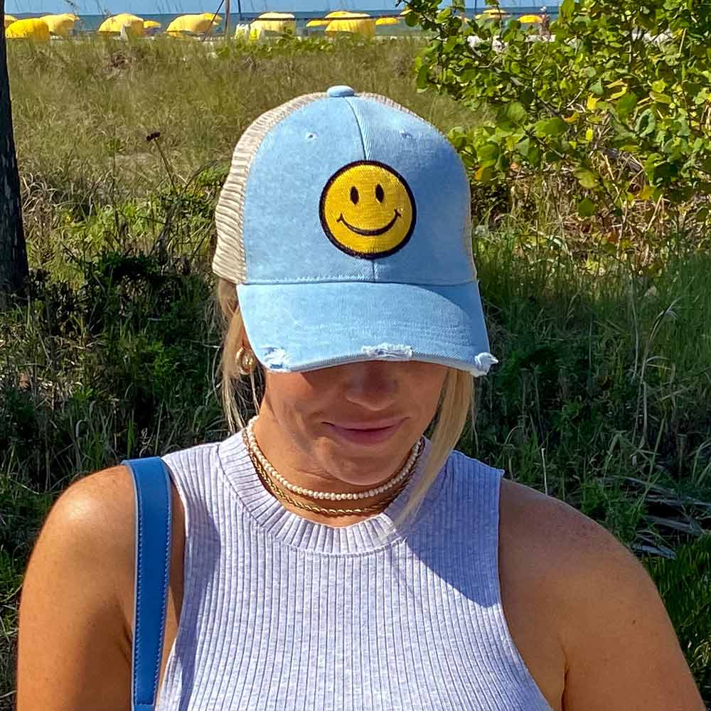 Yellow Happy Face Trucker Denim Hat: Denim Blue