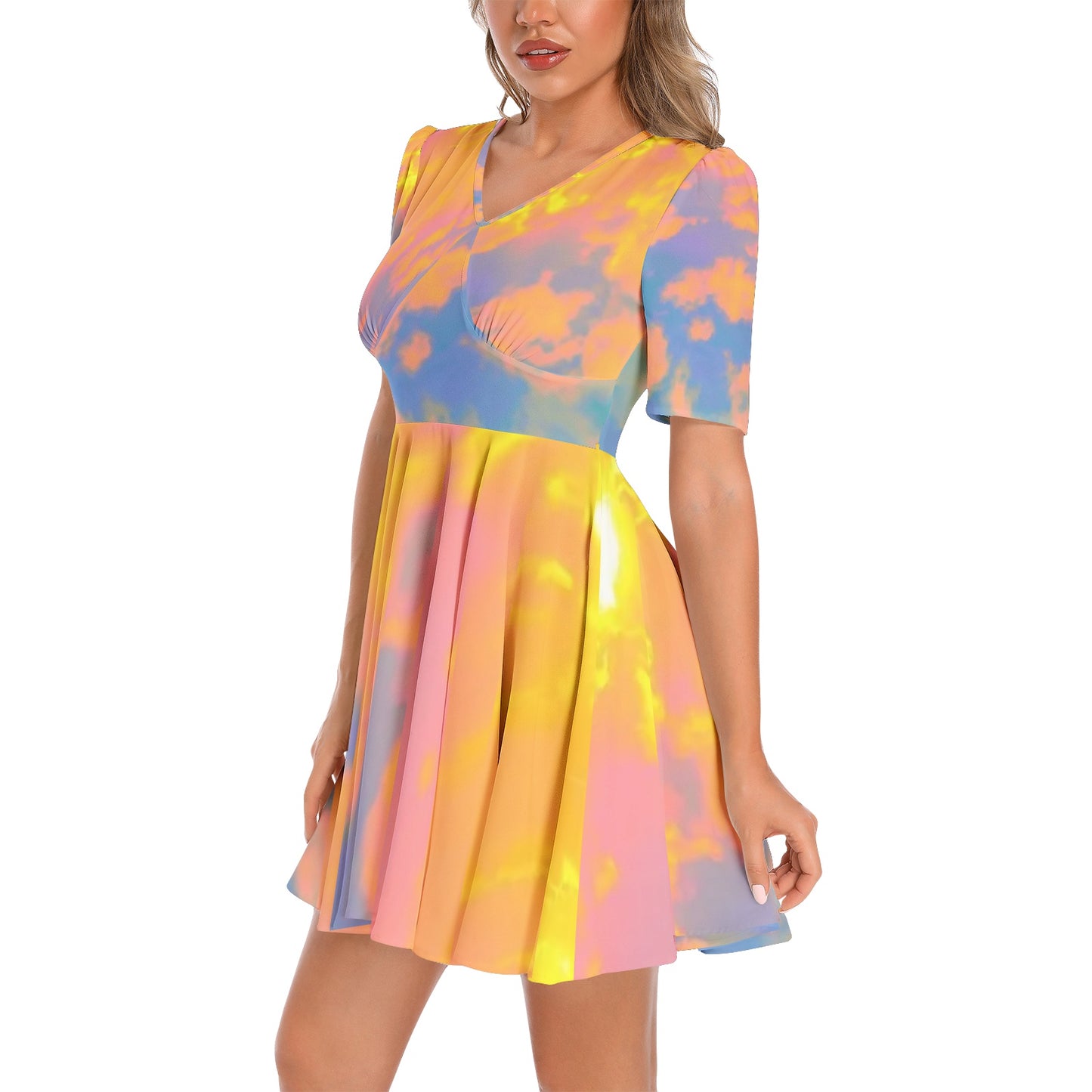 Short Sleeve Ruched Bust Flared Hem Dress