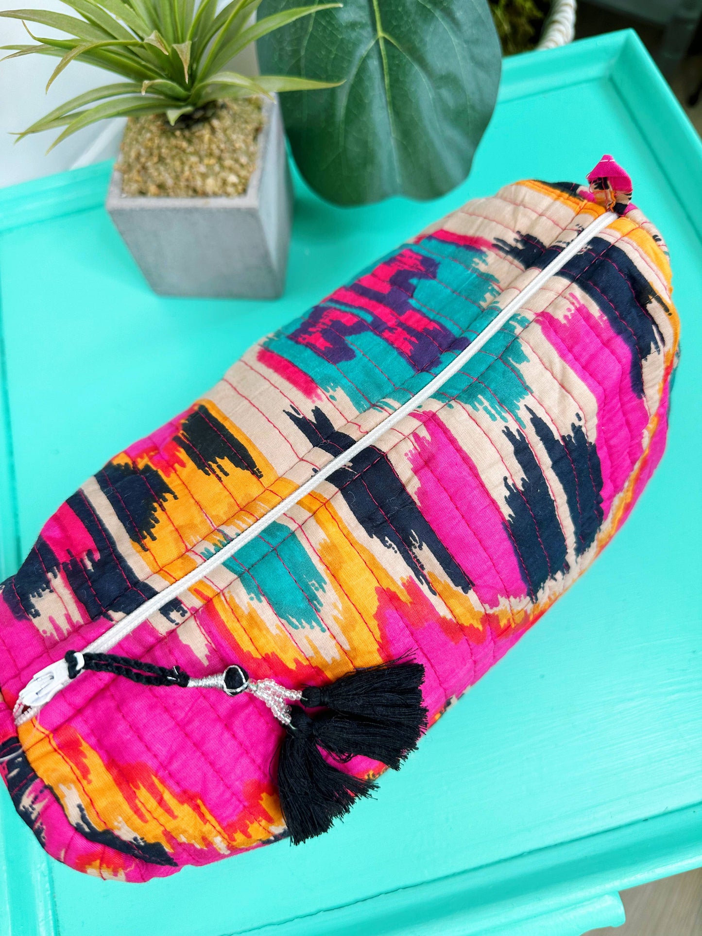 Quilted Makeup Bag| Cosmetics Toiletry Bag | Pink Ikat