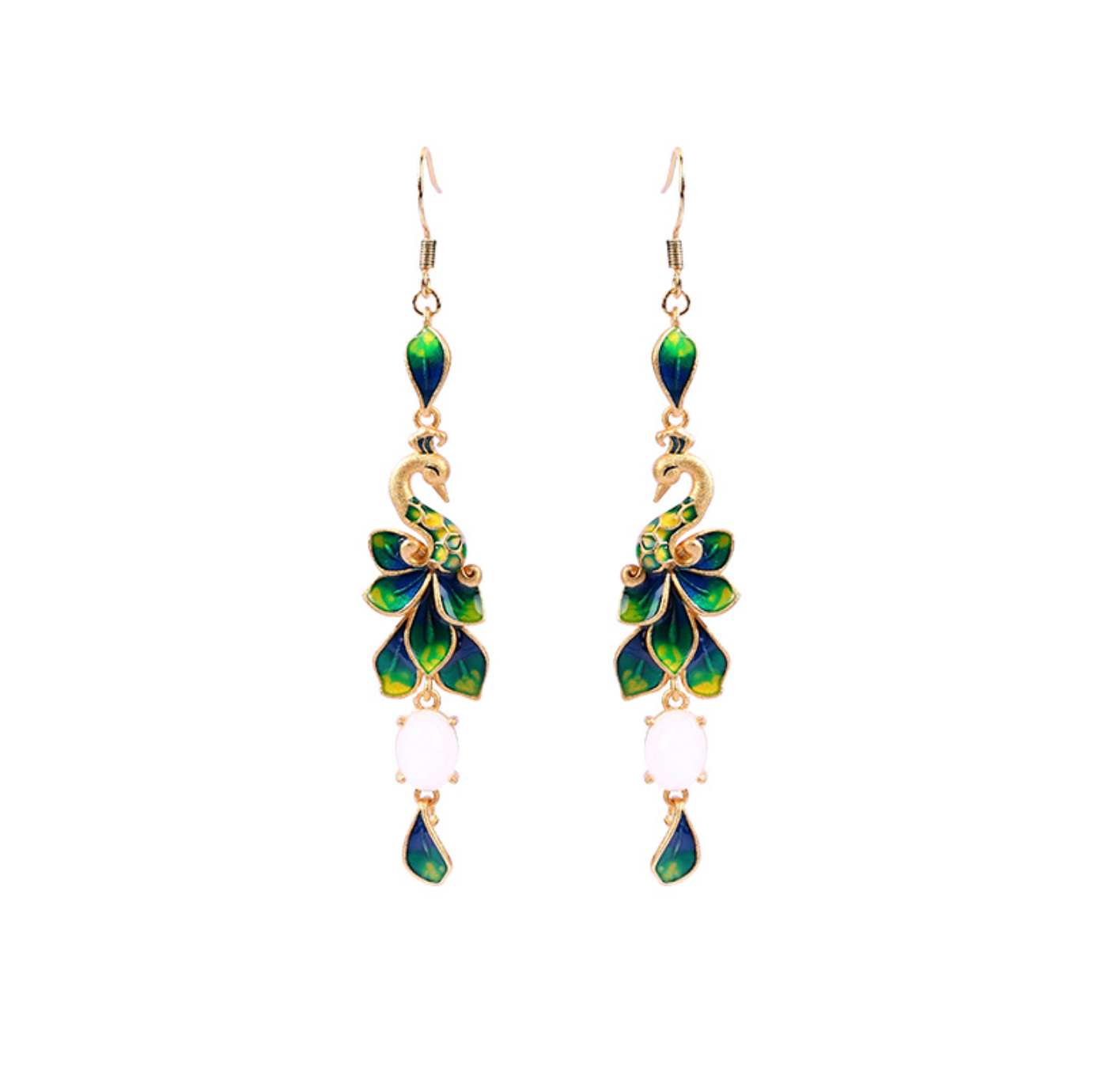 Green Enamel Peacocks Earrings