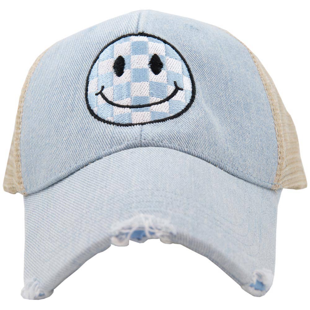 Light Blue Checkered Happy Face Trucker Hat: Black