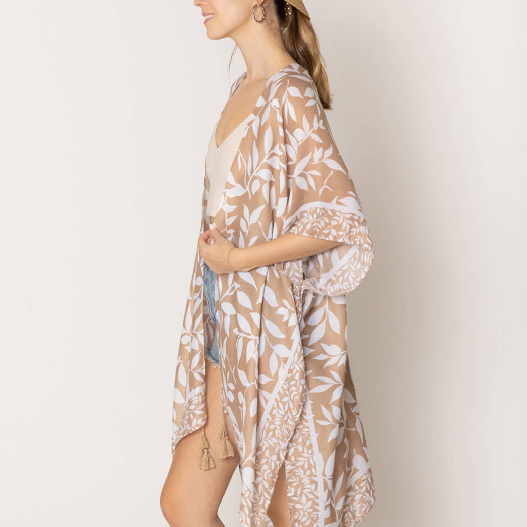 Leaf Print Kimono with Tassels One Size Taupe