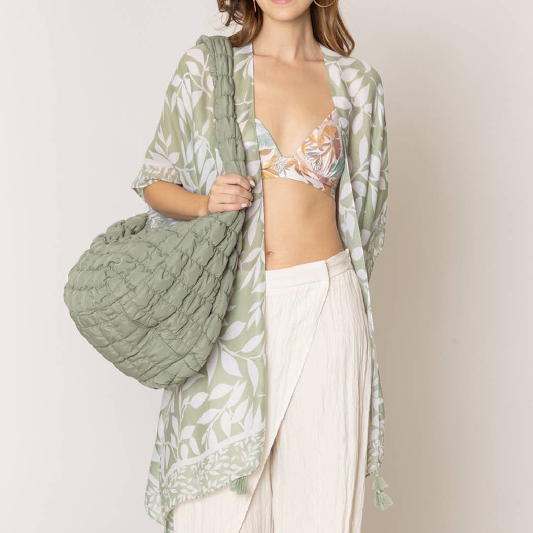 Leaf Print Kimono with Tassels One Size Taupe