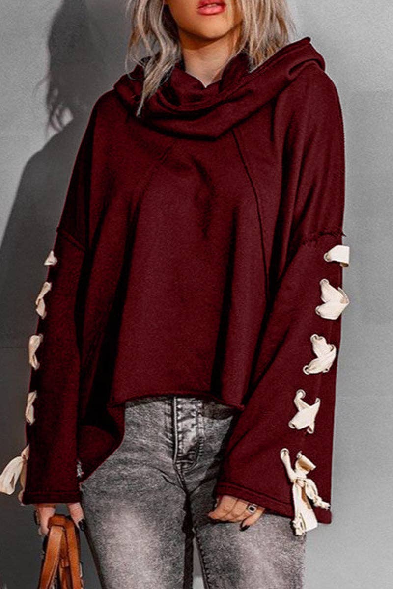Casual Solid Bandage Hooded Collar Tops: Black / L