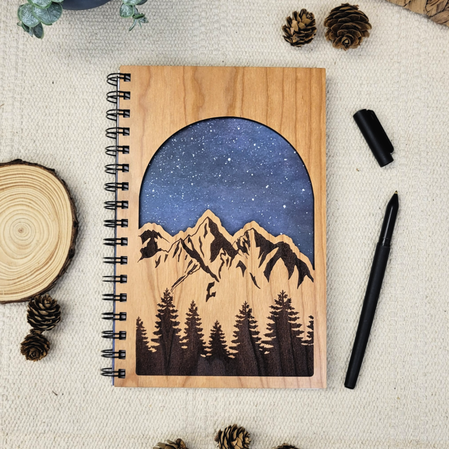 Starry mountains wood journal - stationery, journals: Lined