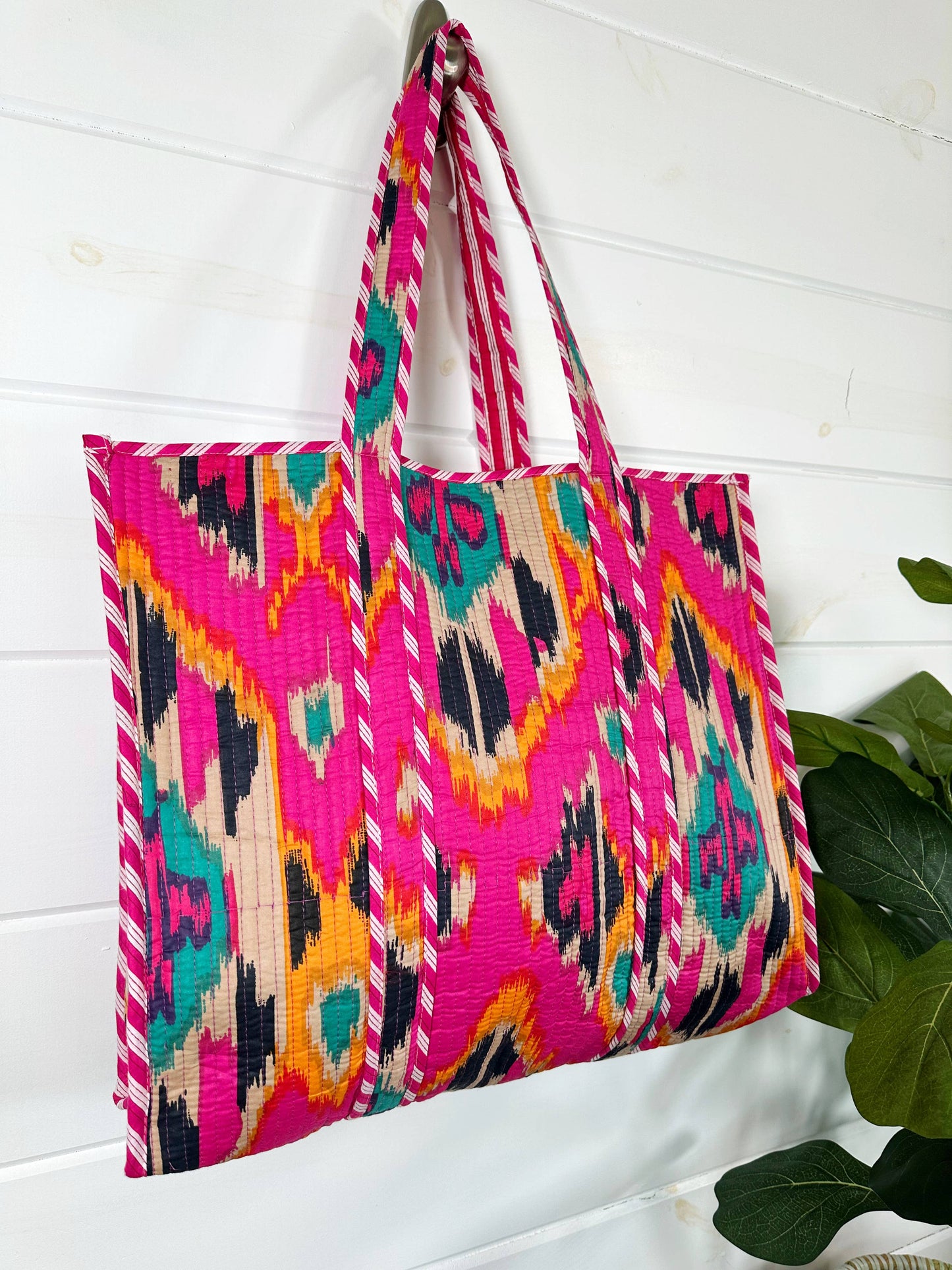 Large Quilted Tote Bag | Cotton Block Print Tote Bag | Ikat