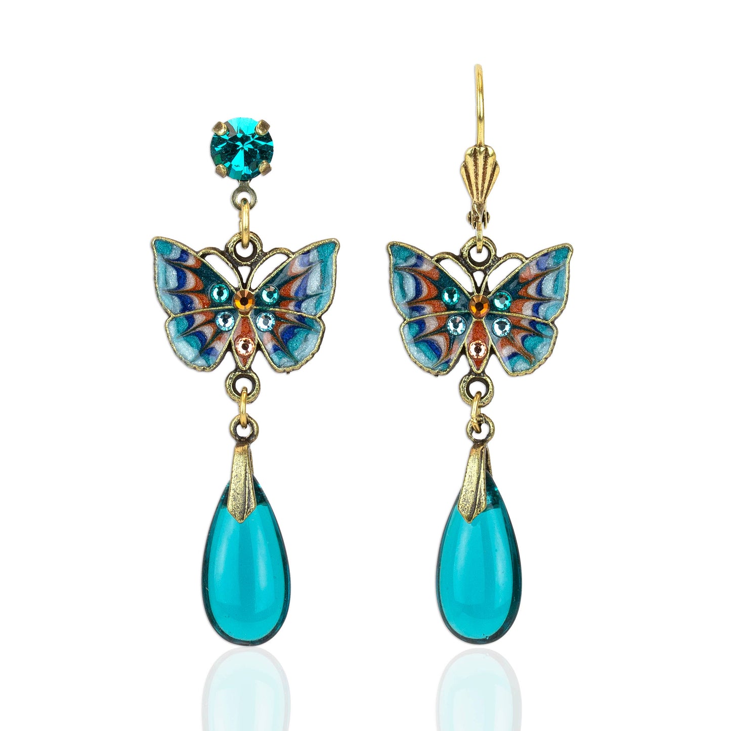 Jill's Garden Flower Butterfly Blue Zircon Crystal Earrings: Leverback