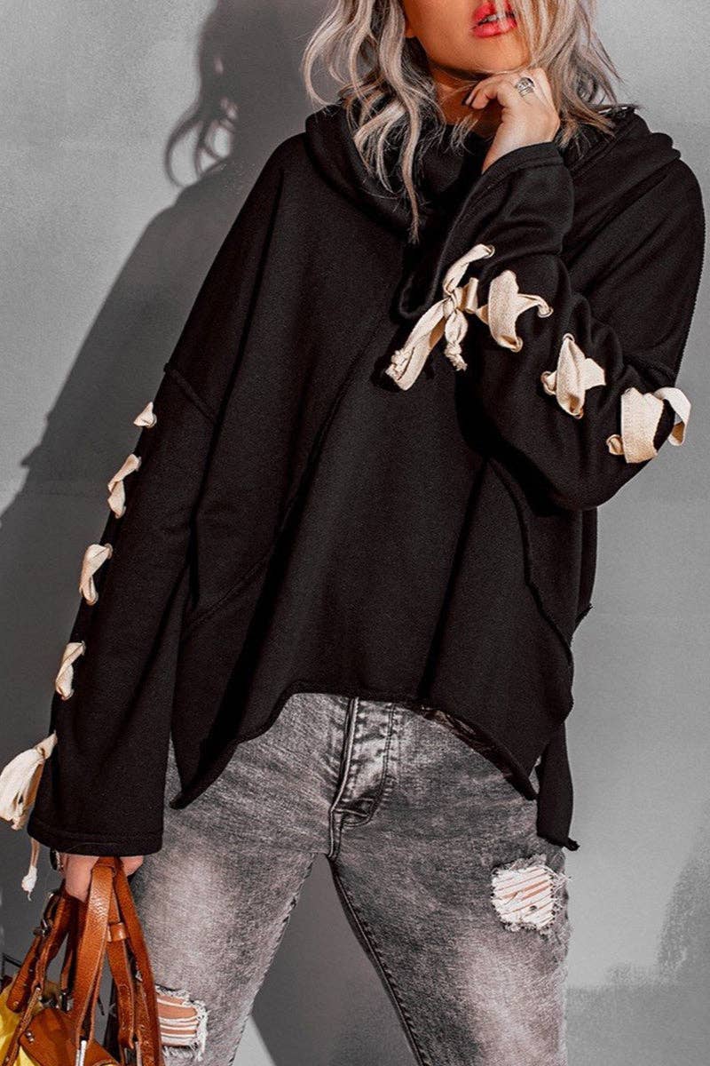 Casual Solid Bandage Hooded Collar Tops: Black / L