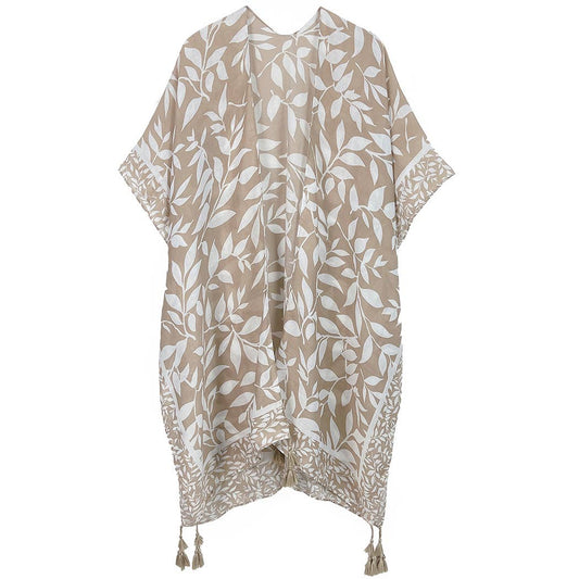 Leaf Print Kimono with Tassels One Size Taupe