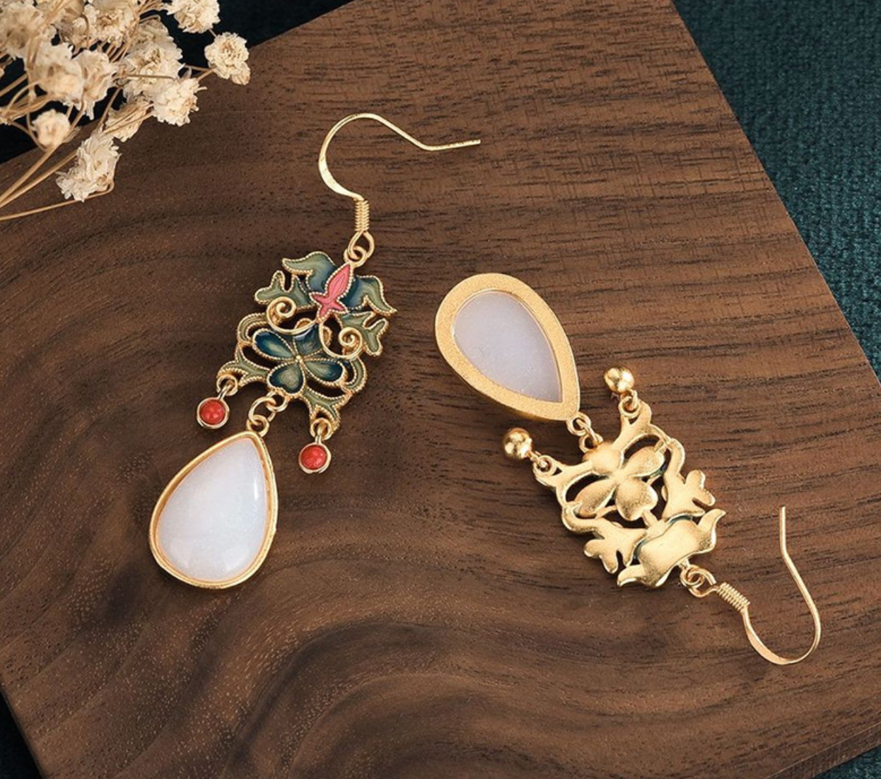 Cloisonne Crafted with White Jade Earrings