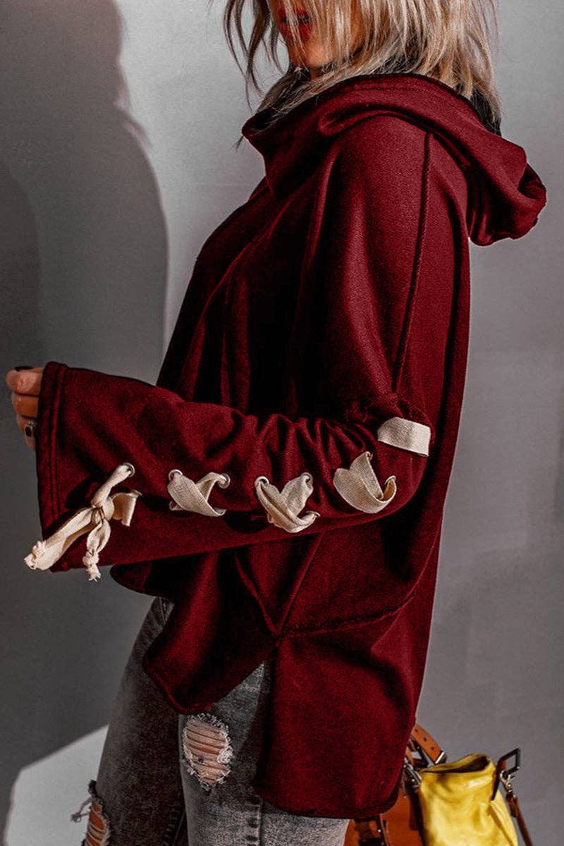 Casual Solid Bandage Hooded Collar Tops: Black / L