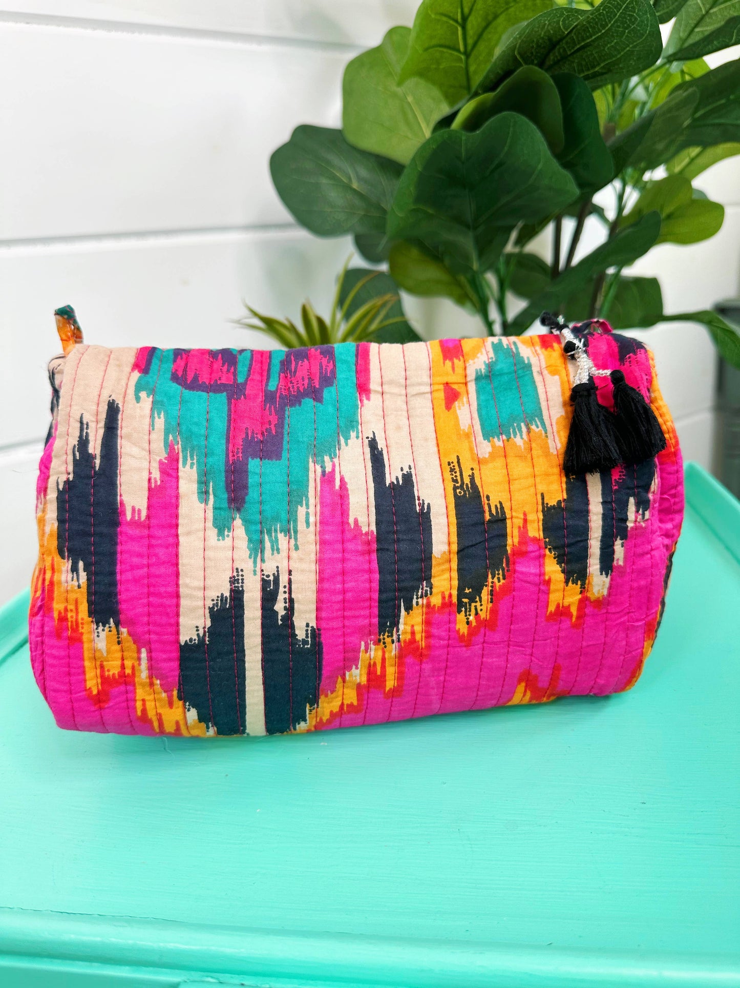 Quilted Makeup Bag| Cosmetics Toiletry Bag | Pink Ikat