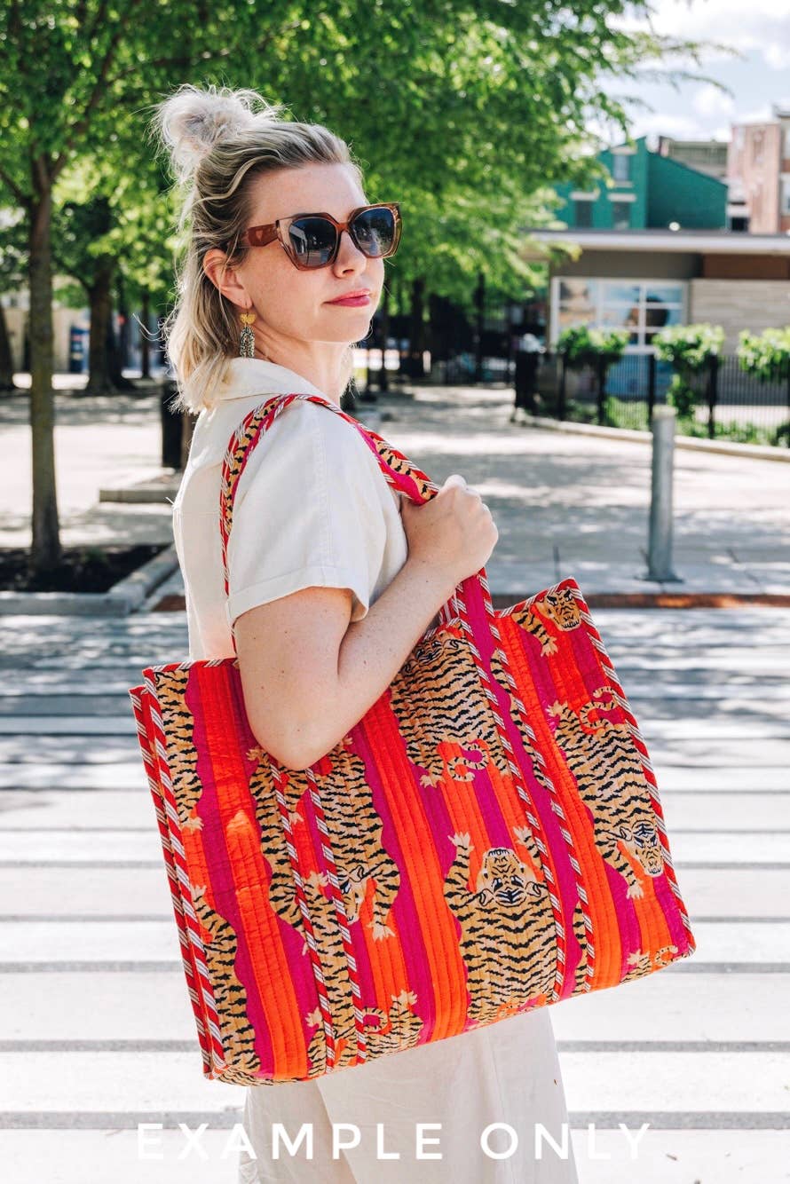 Large Quilted Tote Bag | Cotton Block Print Tote Bag | Ikat