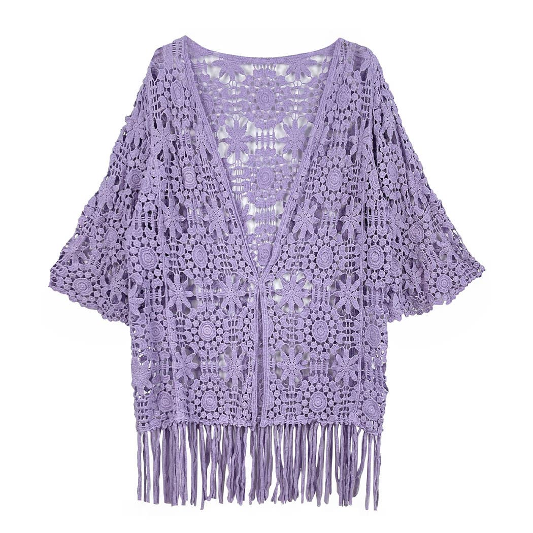 Floral Patterned Fringe Crochet Cardigan: One Size