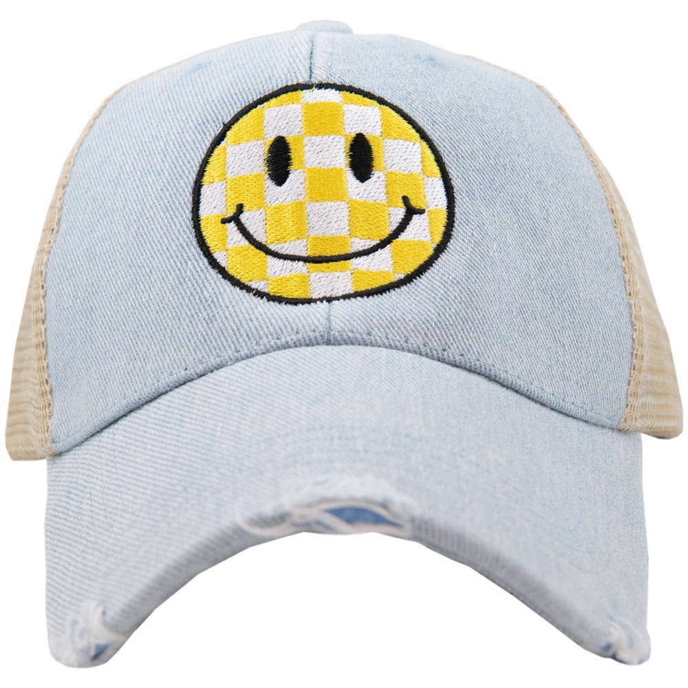 Yellow Checkered Happy Face Wholesale Hat: Black