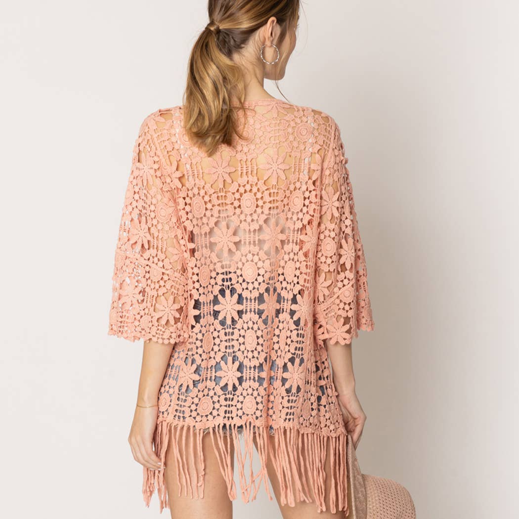 Floral Patterned Fringe Crochet Cardigan: One Size