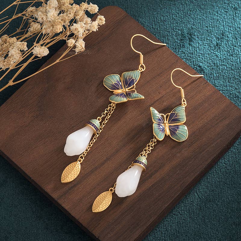 Enamel Butterfly on Golden Leaf Earrings