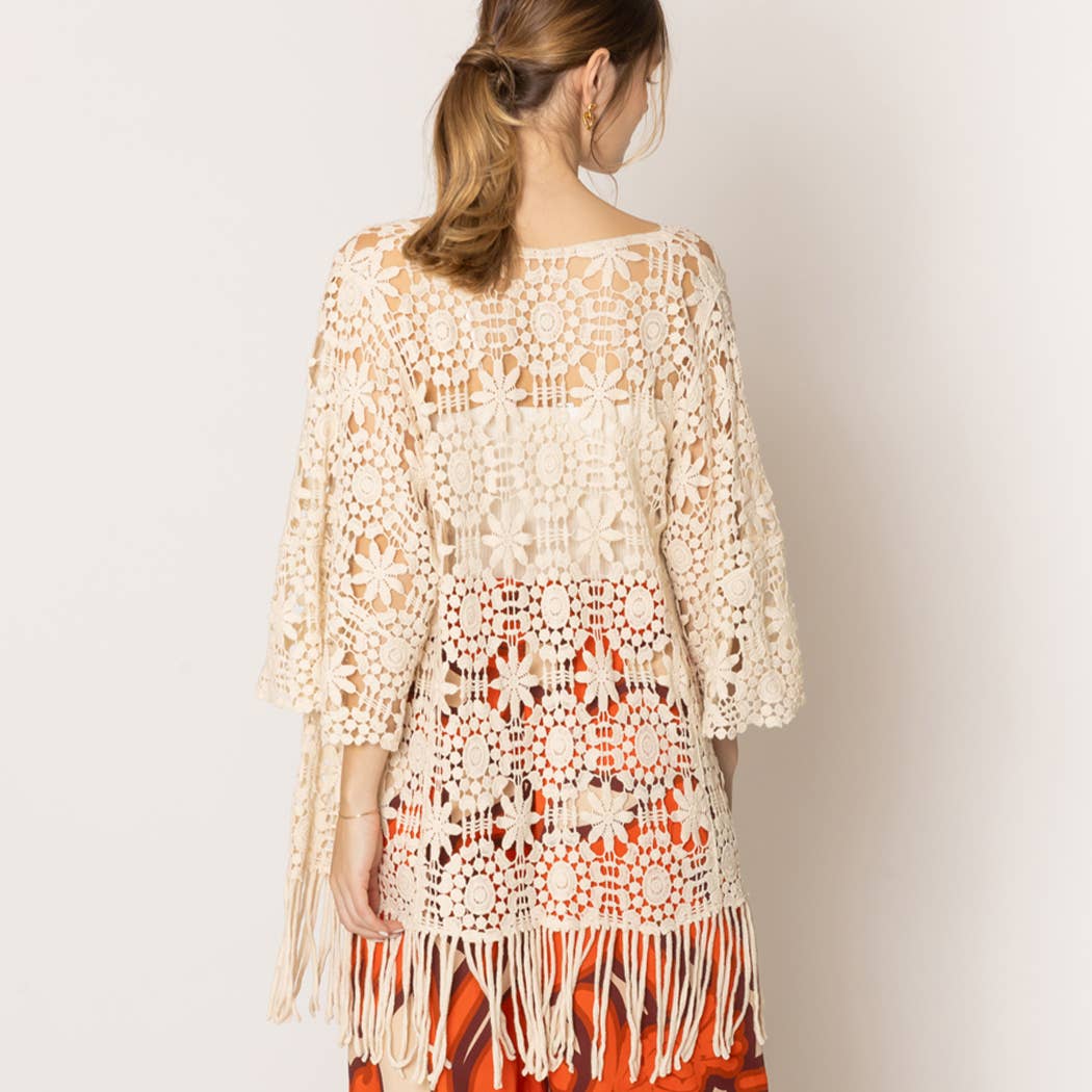 Floral Patterned Fringe Crochet Cardigan: One Size