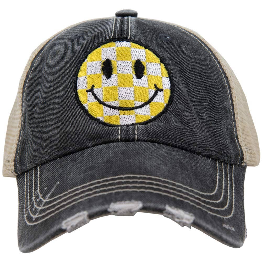 Yellow Checkered Happy Face Wholesale Hat: Black