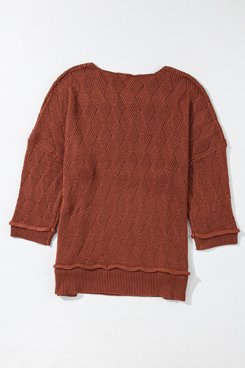 Gold Flame Solid Color Textured Crew Neck Loose Sweater