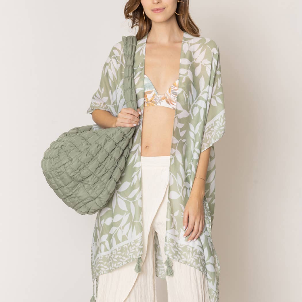 Leaf Print Kimono with Tassels One Size Taupe