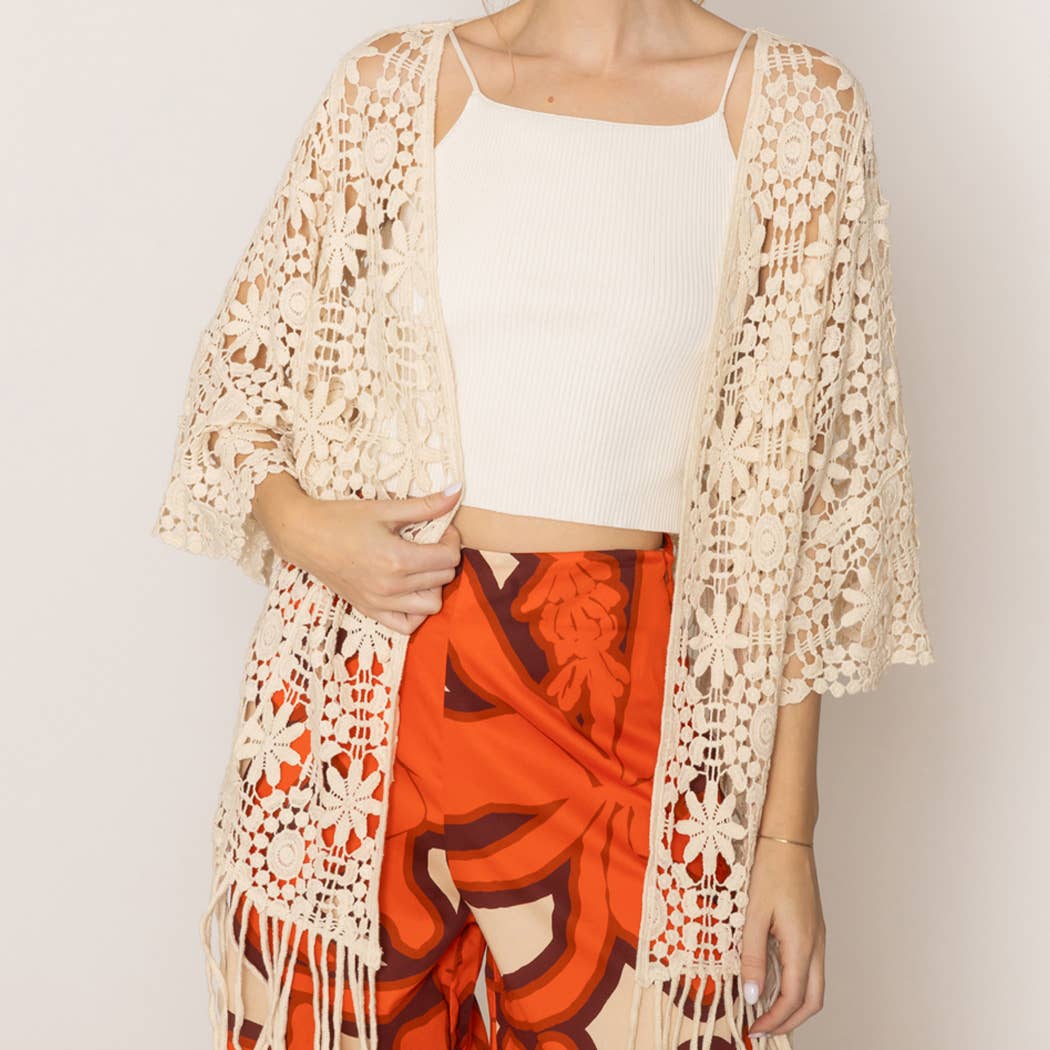 Floral Patterned Fringe Crochet Cardigan: One Size