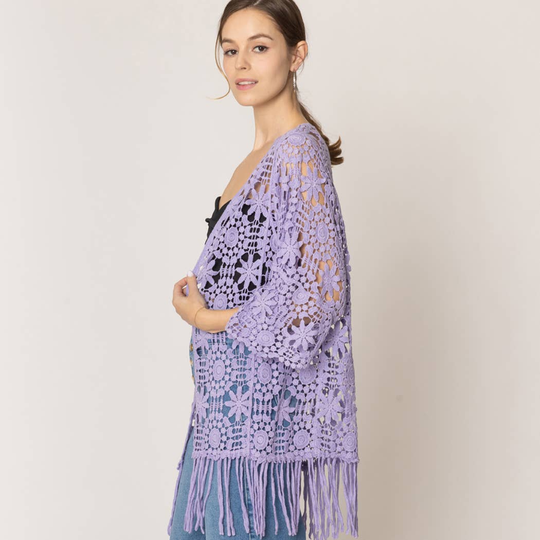 Floral Patterned Fringe Crochet Cardigan: One Size