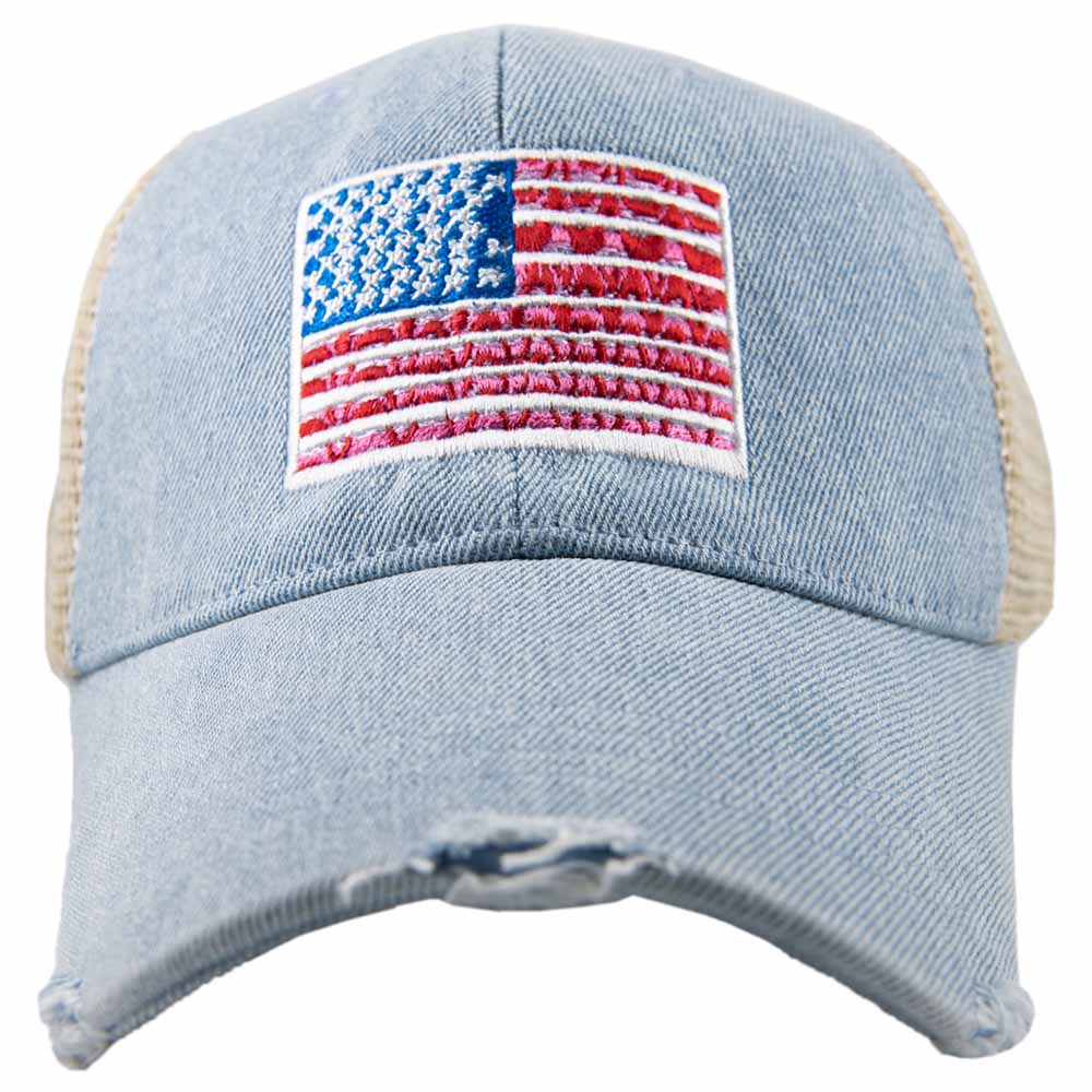 American Flag Denim Trucker Hat: Denim Blue