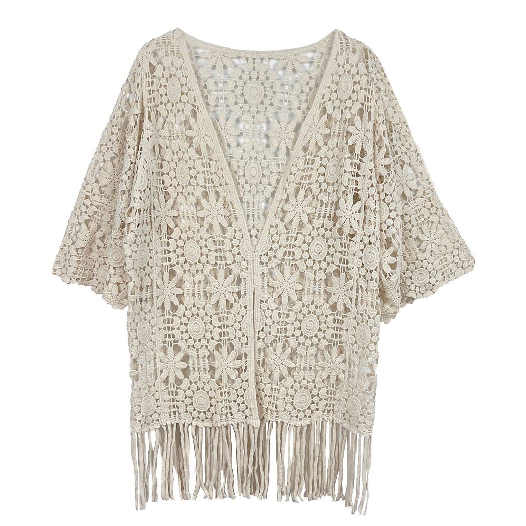 Floral Patterned Fringe Crochet Cardigan: One Size