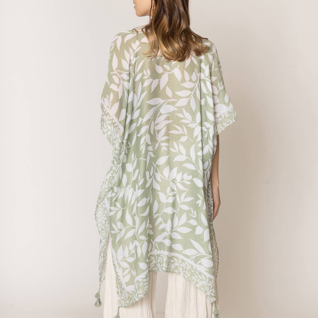 Leaf Print Kimono with Tassels One Size Taupe