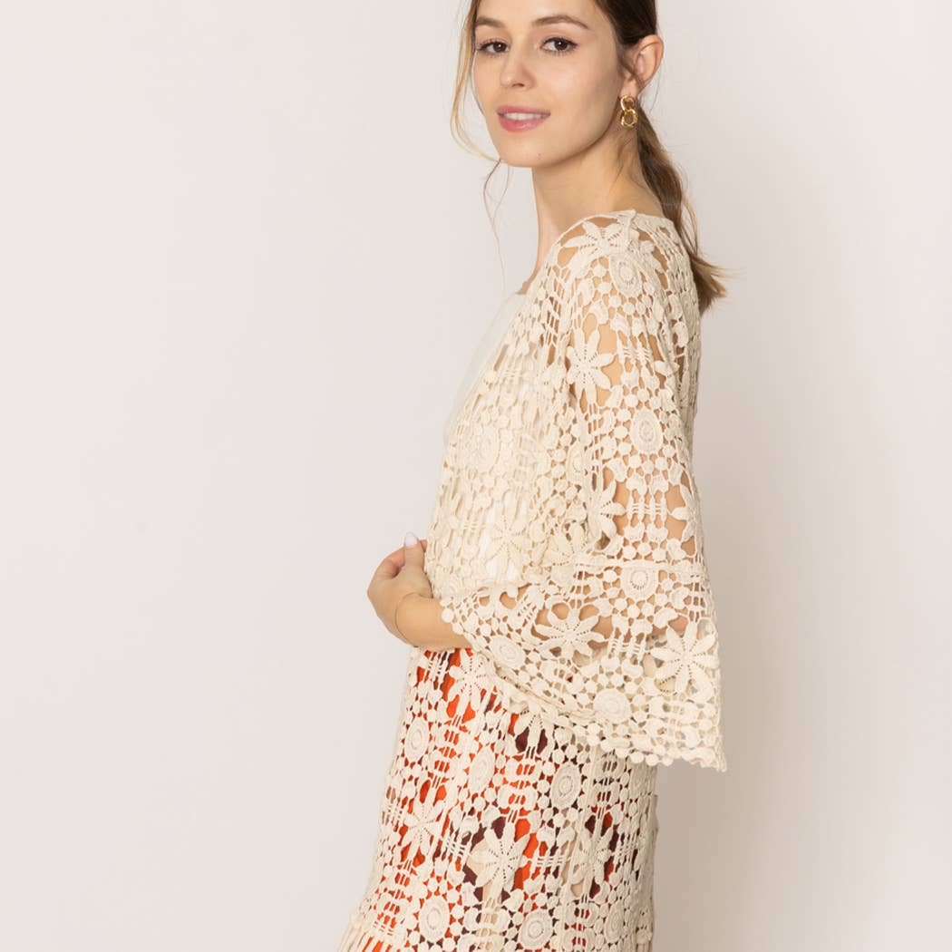 Floral Patterned Fringe Crochet Cardigan: One Size