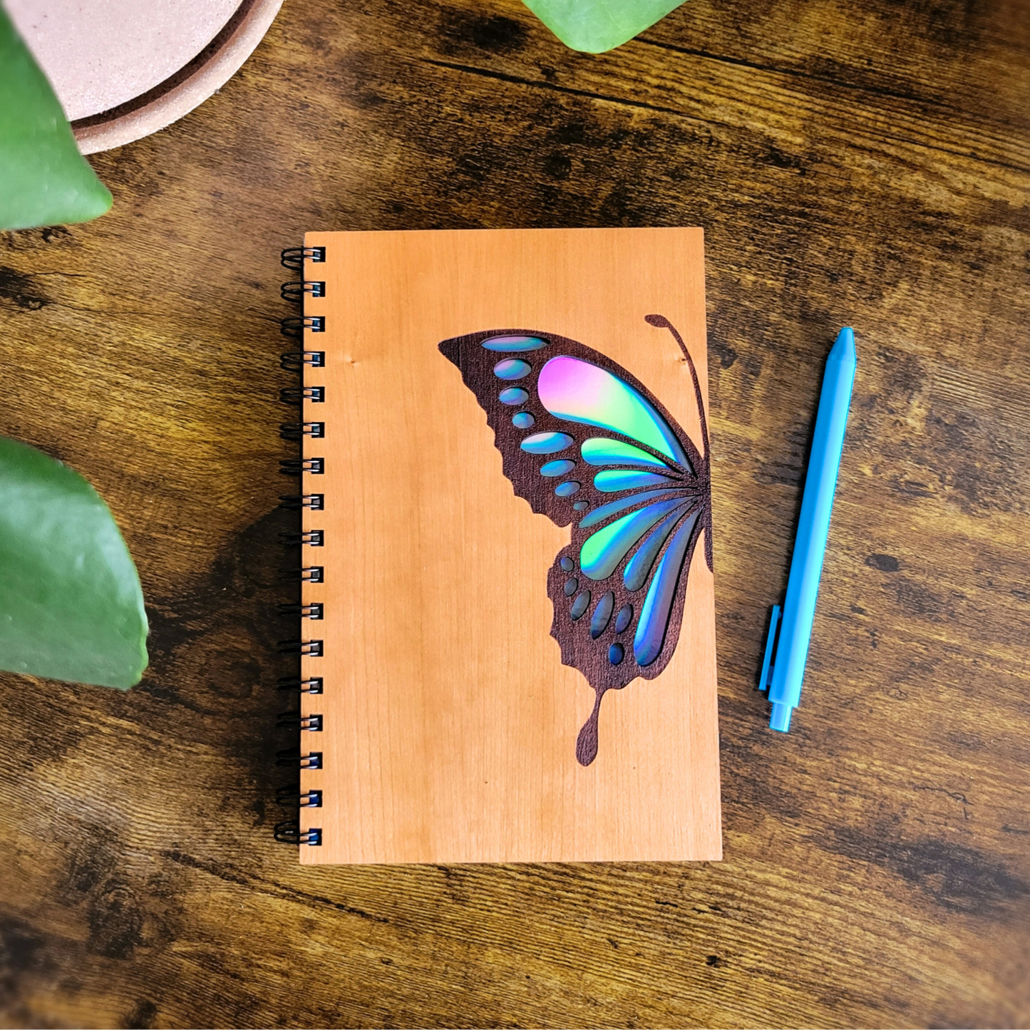 Blue butterfly wood journal - stationery, journals, notebook: Blank