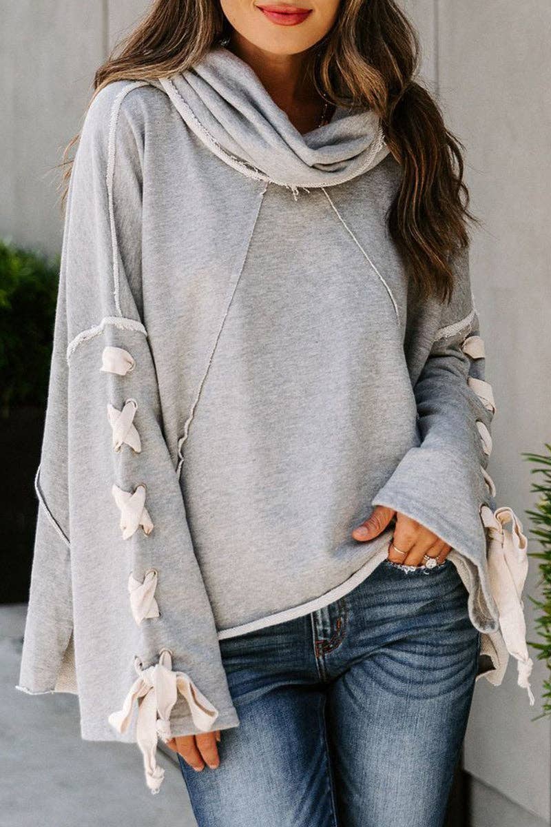 Casual Solid Bandage Hooded Collar Tops: Black / XL
